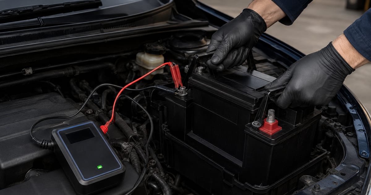 Mécanicien remplaçant une batterie avec un boîtier de sauvegarde branché sur l’allume-cigare