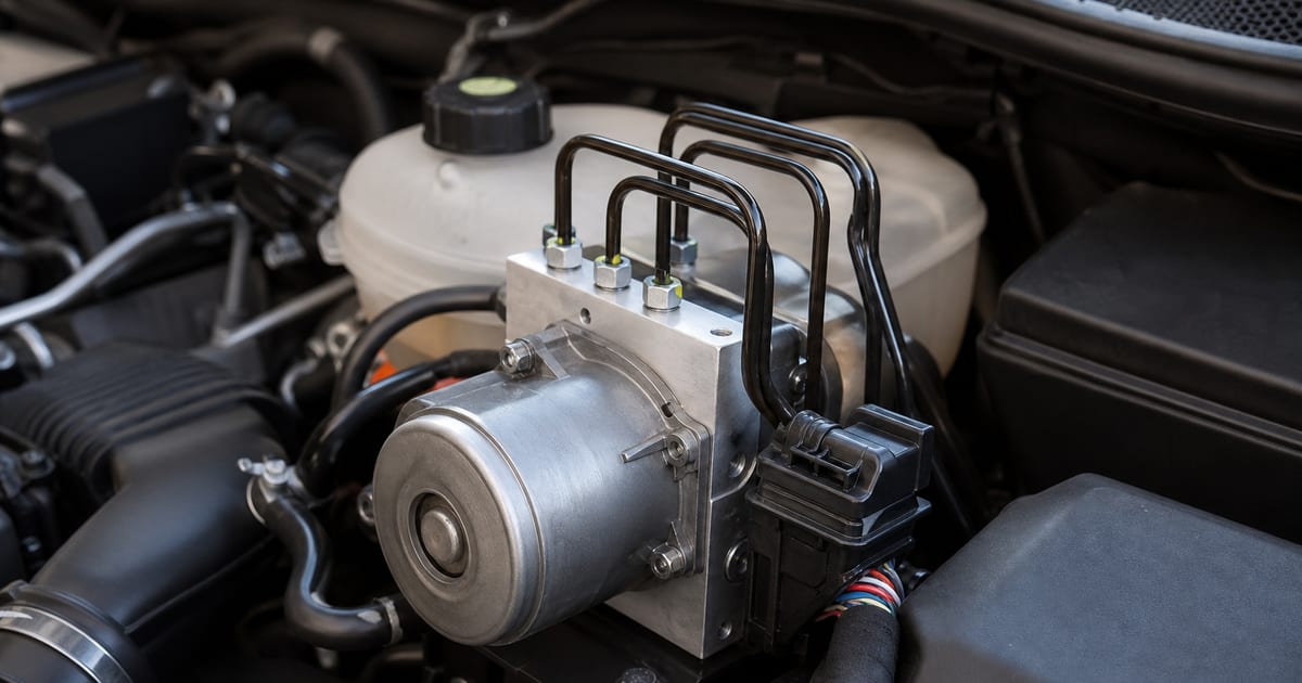 Bloc hydraulique ABS et ses canalisations métalliques dans un compartiment moteur