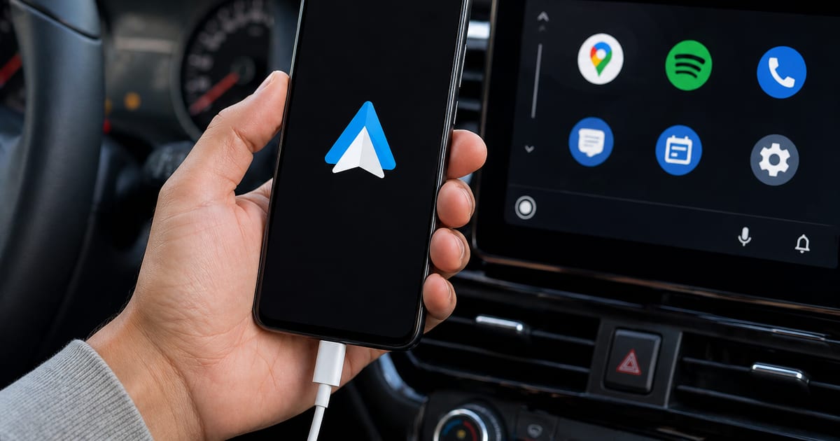 Téléphone Android relié par câble USB à l’écran multimédia d’une voiture