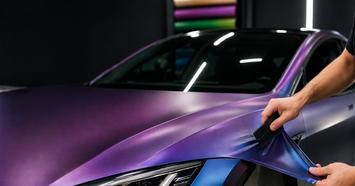 Pose de vinyle covering sur une carrosserie de voiture grise
