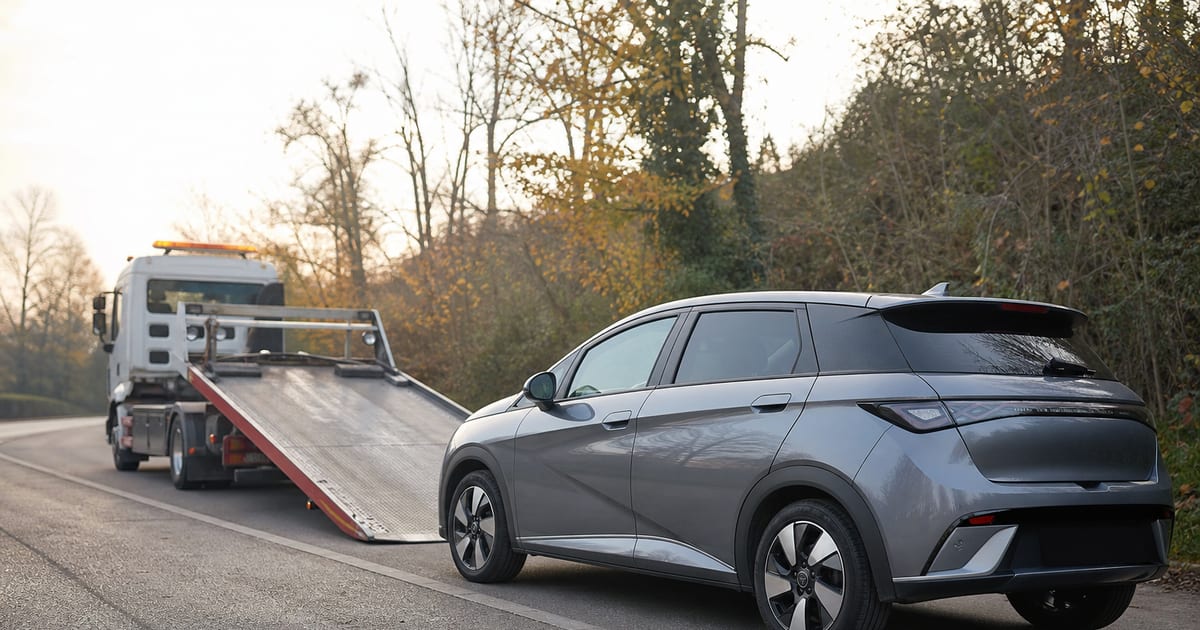 Voiture électrique immobilisée devant un camion de dépannage avec plateau déployé