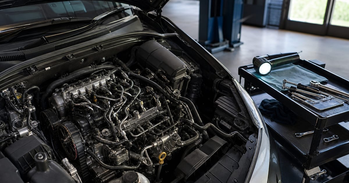 Moteur diesel dans un atelier, avec outils de contrôle disposés à proximité
