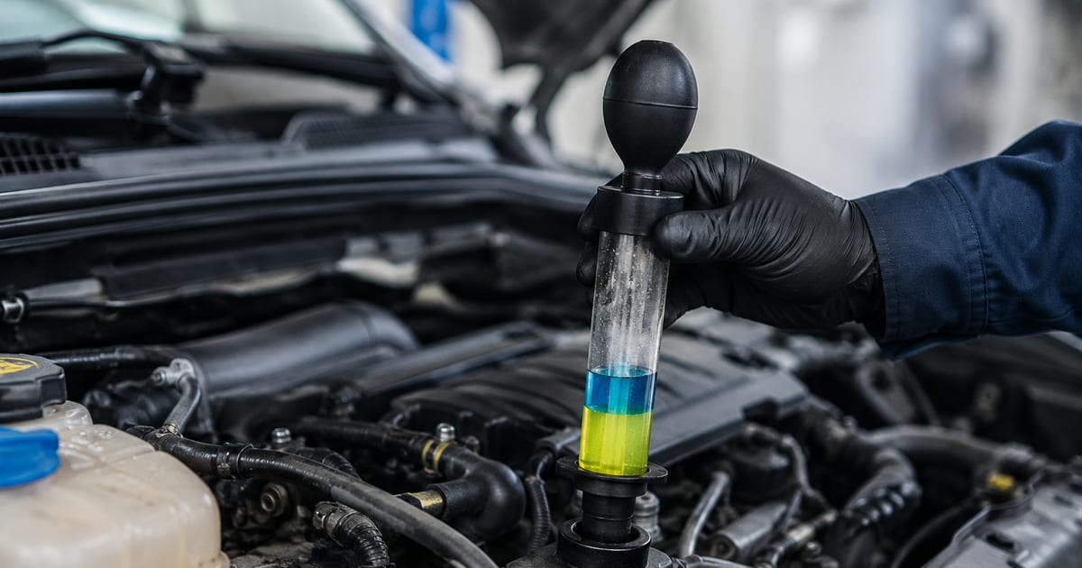 Testeur CO2 joint de culasse positionné sur le vase d'expansion d'un moteur ouvert